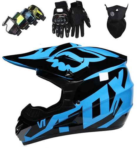 NIKSHI Motorradhelm Kinder Offroad Motorradhelm Set Mit Brille Handschuhe Fahrradhelm Unisex Integral Crosshelm Downhill Vierer Ausdauer ATV Mountainbike Schutzhelm,B-S =（52〜53CM）