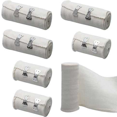 6 Stück Elastische Bandage, Weiße Kompressionsbinden Elastischer Verband mit Metallclips, Elastische Medizinische Fixierbinde für Handgelenke Knöchel Knie