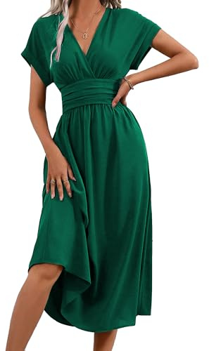 QUNERY Robe Longue Femme Ete Elégante Robes de Plage Manches Courtes V Taille Haute Unie Maxi Dress Casual et Chic Vert XXL