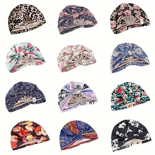 Bandeau pré-noué Chimio Couvre-chef Femmes Bonnet Foulard Turban Casquette Doublé Satin Style Alopécie Bandana Foulard de tête (Motif Noir)