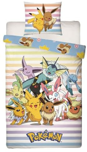 Pokémon, Parure de Lit Enfant Gamer pour Lit 1 Place, Motif Pikachu et Evoli, Ensemble 2 pièces Housse de Couette Réversible 140x200 cm et Taie d'oreiller 63x63 cm, Textile Certifié Oeko TEX