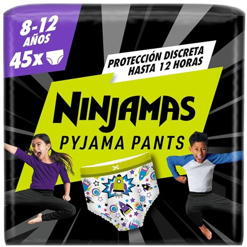 Dodot Pañal-Braguita Ninjamas, Talla 8-12 años (27-43 kg), 45 pañales tipo braguita, pañal noche con Naves espaciales, Protección Antifugas durante Toda La Noche