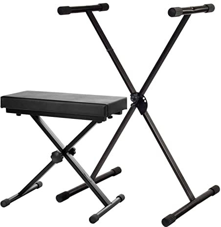 Classic Cantabile Keyboardständer und Keyboardbank ECO Deluxe Set - 5-Fach höhenverstellbar Keyboardstativ - Bequeme Sitzbank für E-Piano, Keyboard und Stagepiano - Schwarz