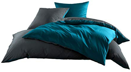 Bettwaesche-mit-Stil Mako Satin Baumwollsatin Wende Bettwäsche Garnitur - viele Farben und Größen (anthrazit - Petrolblau, 1x 155x220 + 1x 80x80 cm)