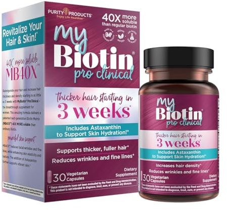 Purity Products MyBiotin ProClinical – Thicker Hair Starting in 3 Weeks & Fights Wrinkles - MB40X Patented Biotin Vitamin B7 Matrix w/Astaxanthin - 40X More Soluble vs Ordinary Biotin, 30 Veg Capsules