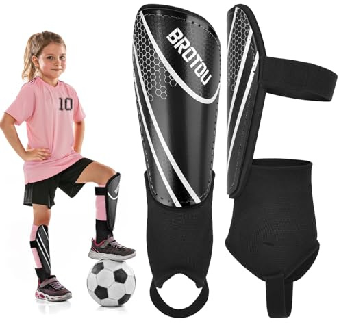 Youth Football Shin Guards, BROTOU High Strength Junior Shin Pads with Calf & Ankle Protection, Lightweight Design, Breathable, Non Slip Extended Adjustable Straps, for Boys and Girls (M, Black)