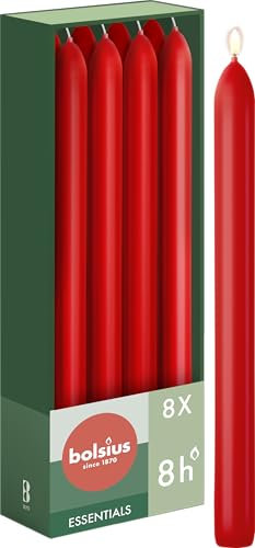 Bolsius Candele da tavola affusolate - colore rosso - confezione da 8-23 cm - lunga durata di 8 ore - senza profumo - con cera naturale vegana - senza olio di palma