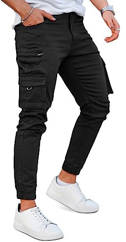 GINGTTO Pantalon Cargo Slim Fit Homme Joggers Elastique Pants Stretch Pantalons avec Multipoches Noir 28