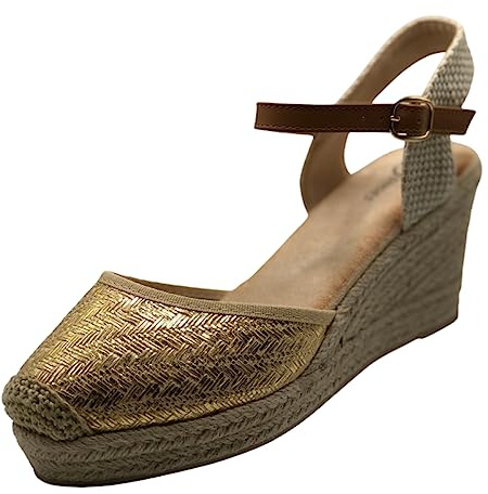 Miro Boho Chic Donna Piattaforma Iuta Sandali Zeppe Sparto con Pizzo E Cinturino alla Caviglia Scarpe Sposa Espadrillas Matrimonio. Bohemien, Dorato Spiga, 41 EU