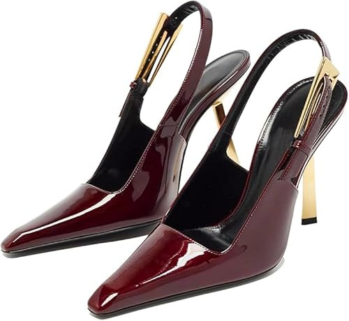 Vertundy Décolleté da Donna con Tacco a Spillo, Eleganti a Punta, Punta Chiusa, Strano Tacco Dorato, Cinturino con Fibbia, per Feste, Matrimoni, spose, Scarpe Primaverili, Vino Rosso, 37 EU