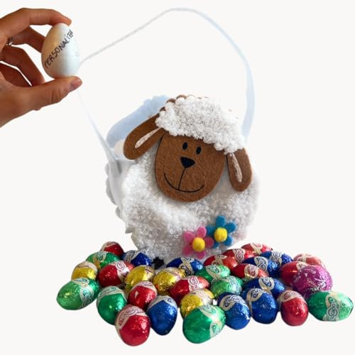 Uova Di Pasqua 2025 - Ovetti di Cioccolato Assortiti 200gr + Cestino Pecorella in Feltro + 9 Uova Bianche Di Polistirolo Da Colorare(PECORA, Dimensioni standard)