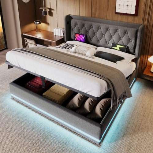 Sweiko Lit rembourré, Cadre de lit de Rangement hydraulique avec tête de lit rembourrée, lit pour Adolescent avec Chargement USB Type-C, Fonction LED (Matelas Non Inclus) (Grey, 140 * 200 cm)