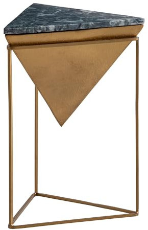 Wohnling Beistelltisch Echter Marmor Metall 37x37x53 cm Anstelltisch Grün Gold, Kleiner Abstelltisch Dreieckig, Wohnzimmertisch Couch Modern, Marmortisch Punziert Hoch