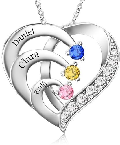 Easycosy Regalo Dia de la Madre, Collar Personalizado con Nombre Grabado, Colgante de Corazón con Piedras de Nacimiento, Collar de Mujer en Plata 925, Idea Regalo para Mamá, Mujer, Pareja, Amigo