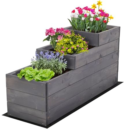 MODO24 Hochbeet Holz, 3-stufiger Pflanzkasten, Blumenkasten, Gemüsebeet, Kräuterbeet, Anzuchtset, Anzuchtkasten, mit Gartenvlies als Unterlage und Schrauben, Abmessungen 45x30x93 cm, Farbe: Grau