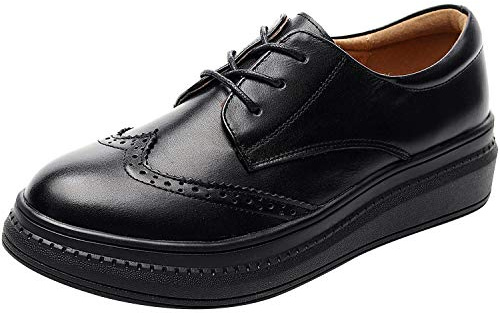 ANUFER Femmes Chic Cuir Véritable Brogue Baskets Lacets Plateforme Chaussures Oxfords Noir SN02406 EU37.5