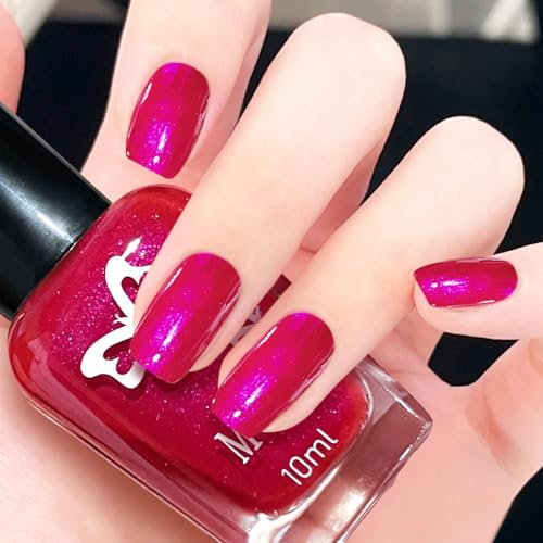 Rose Red Nail Polish - 10ml Hot Pink Pearl Nail Varnish - Bright Pink Glitter Quick Dry Nail Lacquer Water Based - Long Lasting Nail Polish Gel for Women DIY Nail Art at Home (Mermaid Red)