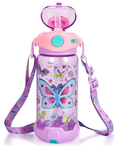 PinkSheep Bottiglia d'acqua per bambini con cannuccia/cordino, 650 ml, senza BPA, coperchio a prova di perdite, ideale per scuola, sport e viaggi (farfalla)