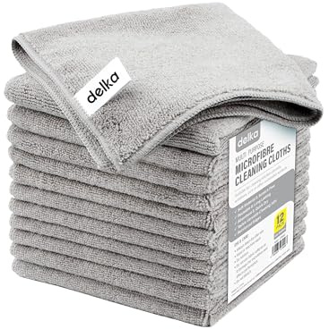 delka Microfibre Cleaning Cloths –Multi-Purpose, Ultra Soft & Lint-Free –Reusable, Streak-Free for Kitchen, Car, Glass, Windows & Electronics (Grey,12 Pack)
