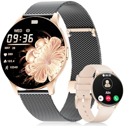 LIGE Montre Connectée Femme (2 Bracelets), 1,43 AMOLED Montre Sport,Smartwatch avec 120+ Modes Sportifs/Étanchéité IP68/Fréquence Cardiaque/Compteur,Montre Femme pour iOS et Android,Noir et doré