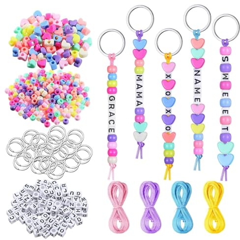 Satiskid Juego de 556 llaveros de perlas para manualidades, incluye llaveros, cuerdas de cuentas y cordón de poliéster, perlas de regalo para decoración de joyas