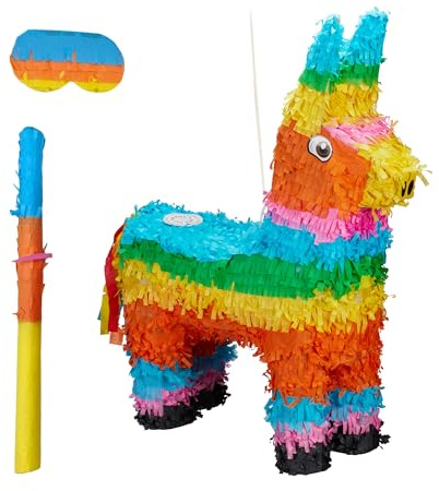 Relaxdays Piñata de Burro con Palo y máscara, para Fiestas y cumpleaños, Colorida, 56 x 41 x 13 cm