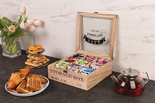 mucplants Teebox 9Fächer 24x24x8,5cm Vintage Teekistchen Teebeutelbox Teekiste Teedose