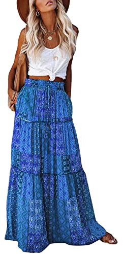 EARKOHA Womens Casual High Waist Tie Paisley Print Long Maxi Skirt with Pockets, Blue, XL