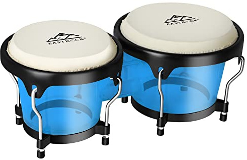 EastRock Bongo Drums 6” and 7” Set for Adults Beginners Professionals Transparent Cavity and Metal Bongos Drum Percussion Instruments with Tuning Wrench (Blue 6”+7” Bongos)
