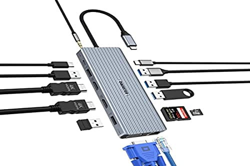 USB C Docking Station Dual Monitor, 14 in 1 Triple Display USB C Hub Adapte mit 2 HDMI 4K+VGA+10GB USB 3.1+ 10GB USB-C+ 4xUSB 2.0+100W PD +Ethernet+SD/TF+Audio