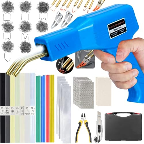 220W Plastica Saldatrice Kit, Saldatore per Plastica per Riparare Auto Paraurti, 2 in 1 Plastica Saldatrice compresi 800PCS Chiodi per Saldatura (6 modelli), 64pcs Bacchetta per Saldatura＆Pinza, ecc.
