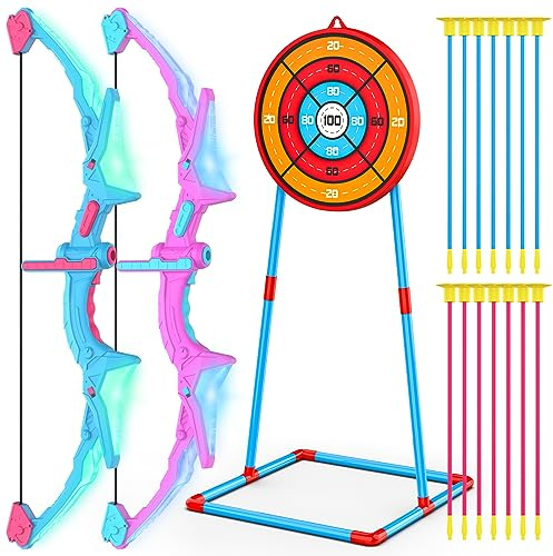 Ocditikl Juego de arco y flecha para niños, juego de tiro con arco iluminado con 14 flechas con ventosa, juguetes al aire libre para niños de 6 a 8 años y 8-12 años, ideas de regalo de c