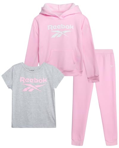 Reebok Girls Pants Set - 3 Piece Soft Fleece Pullover Hoodies Short Sleeve Graphic Tee and Jogger Sweatpants Sweatsuit Set, Pink, 12