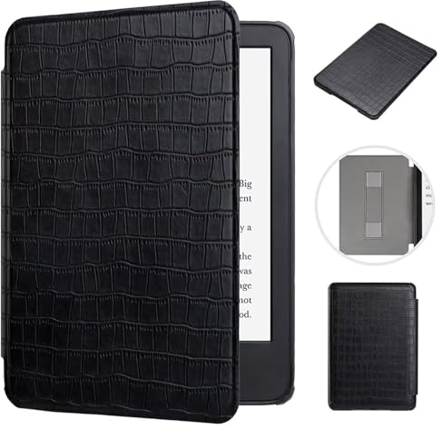 MOKASE Fodral Passar för 6 tum Kindle Paperwhite 5/6/7. Generation 2012,2013,2015,2016 (Modell: EY21/DP75SDI), Syntetiskt Läder Hårt Fodral med Handrem för Kindle Paperwhite 6 tum, Krokodil Svart