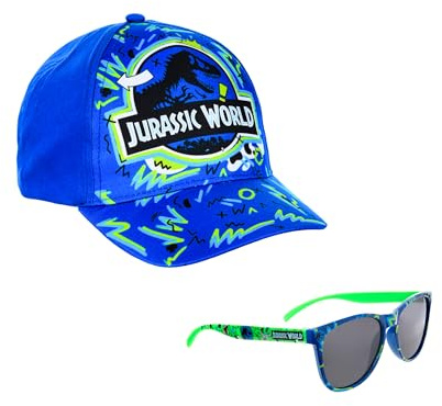 Jurassic World Gorra y Gafas de Sol para Niños, Gafas de Sol Protección UV, Gorra de Verano, Gorro de Beisbol Infantil | Azul