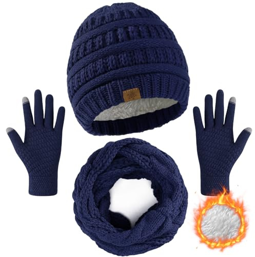 Winter Beanie Hat Scarf Gloves Set - Winter Clothes for Women, Soft Warm Thick Fleece Lined Hats Touchscreen Gloves Thick Neck Warmer Scarf for Women, Navy Blue