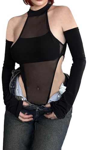 AGOSAK Sexy Rave Bodysuit for Women Black Mesh Gothic Outfits Y2K Cutout Body Suit Sheer Fishnet Lingerie with Long Sleeves Club Night Halloween Costume
