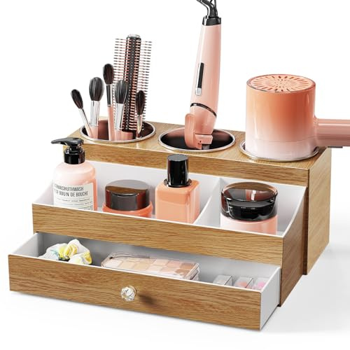 BYUNER Hairdryer Holder with Drawer, Bathroom Hair Tools Organiser, Wood Grain Hair Dryer Holder for Dressing Table, Styling Hair Dryer and Straightener Holder for Vanity Caddy, Makeup, Toiletries