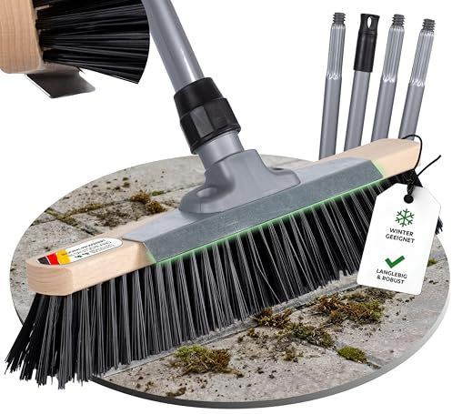 ORGAFLIX Straßenbesen mit Stiel 40cm, Gartenbesen mit Schabekante und Elastonborsten für hartnäckigen Schmutz, Erde, Kies, Kehrbesen für Außenbereiche, aus Deutscher Herstellung, Stiel aus Italien