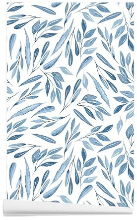Papier Peint Autocollant, Motif Feuilles Bleues Fond Blanc Peler et Coller Papier Contact, 44,5x500CM Motif Botanique Floral Papier Peint Amovible Décoration Autocollant pour Mur Salon Chambre