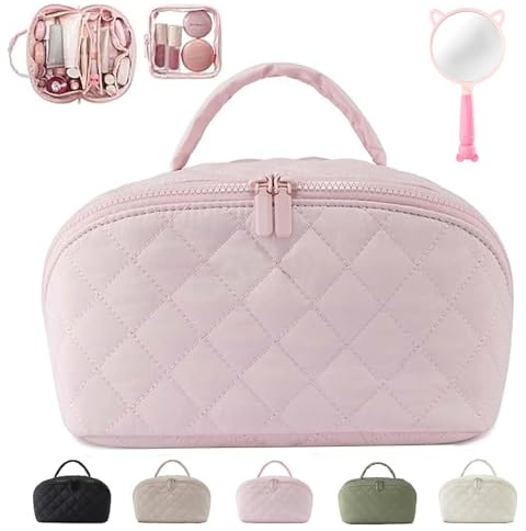 Illuminate Makeup Bag, Make Up Bag,Travel Makeup Bag for Women,180°Open Large Capacity Travel Cosmetic Bags,Lay Flat Makeup Bag,Puffy Padded Organizer with Brushes(Pink)