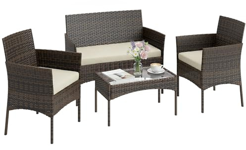 Outsunny Salon de Jardin Extérieur 4 Personnes, Salon de Balcon, Beige