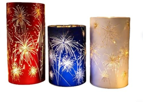 Juego de 3 faroles de fuegos artificiales con grabado de explosión de estrellas, portavelas de cristal multicolor, 13 cm, luz blanca cálida para bodas, decoración de mesa o salón (Set of three)