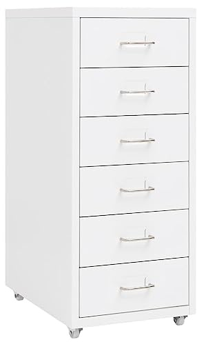 Arkivskåp med hjul vit metall 28 x 41 x 69 cm kontorsskåp med 6 lådor och metallhandtag för kontor, hemmakontor, arbetsrum för tydlig förvaring av mappar och dokument