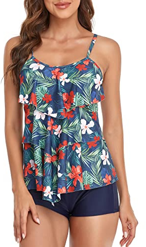FLYILY Costume da Bagno a Due Pezzi Donna Canotta Stampata Pantaloncini da Donna Costume da Bagno Taglie Forti Tankini Sets(OrangeFlower,3XL)