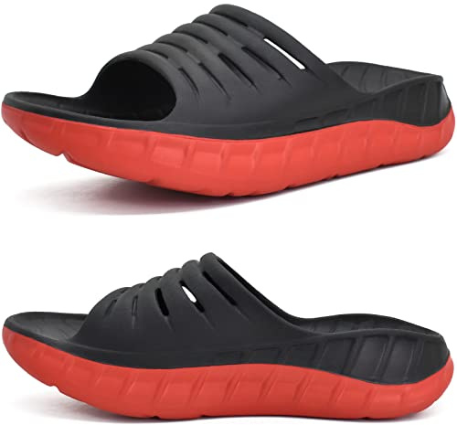 KuaiLu Sandalias de Recuperación Hombre Comodas Ortopedicas Fascitis Plantar Chanclas Caballero Soportes de Arco Ligera Abierta Deportivas Chancletas Verano Playa Piscina Goma Negro Rojo EU45