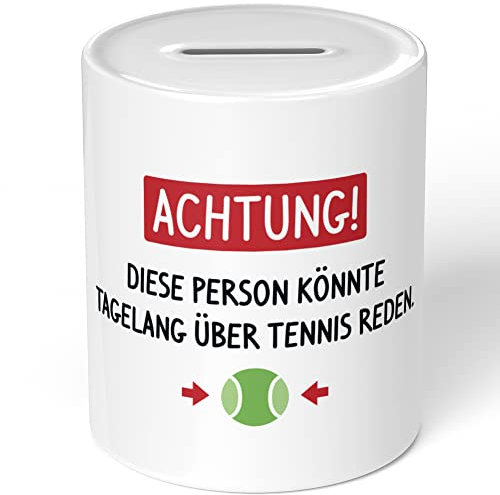 JUNIWORDS Spardose Sparbüchse, Achtung! Diese Person könnte tagelang über Tennis reden (1005861)