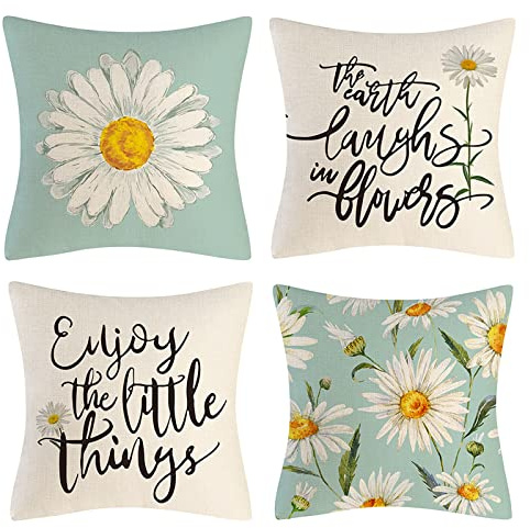 OCEUMACO Leinen Kissenbezug 45x45 Gänseblümchen Kissenhülle 4er Set Quadratisch Sofakissen Dekokissen Bezug für Couch Blumen Spruch Kissen Kissenbezüge Outdoor Deko Zierkissen Couchkissen - Mint