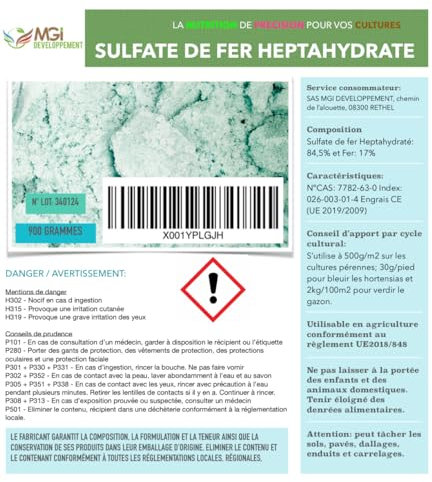 4,5kg Sulfate de Fer (II) Heptahydraté 900 g – Engrais Foliaire NF U 42-003-1 – Anti-Chlorose, Hortensias Bleus, Gazon Verdoyant – Utilisable en Agriculture Biologique