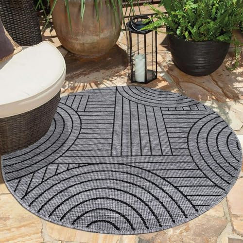 carpet city Outdoor Teppich Wetterfest 120 cm Rund - Grau-Anthrazit - Wendeteppich, Beidseitiges Geometrisches Muster - Balkonteppich Wasserfest Outdoor - Terrassenteppich